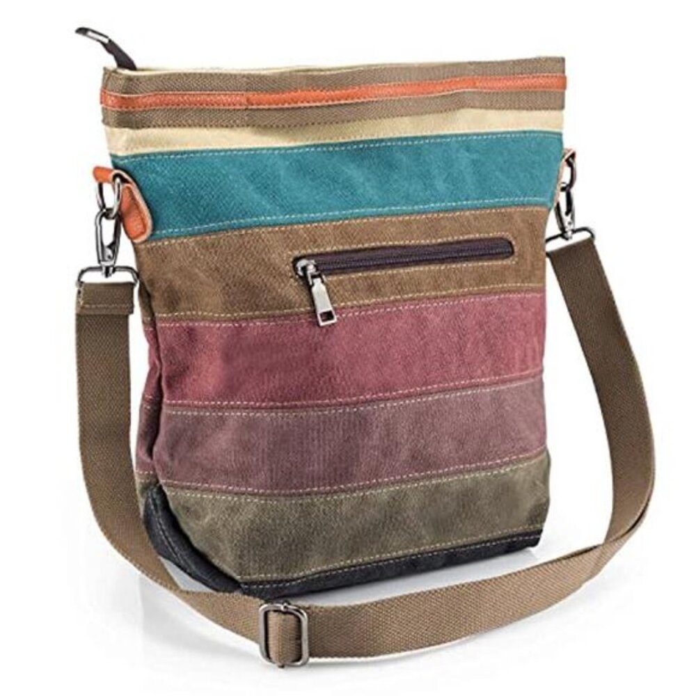 Canvas Handbag Multi-Color Striped Lattice Cross Body Shoulder Purse Bag - Picture 4 of 7